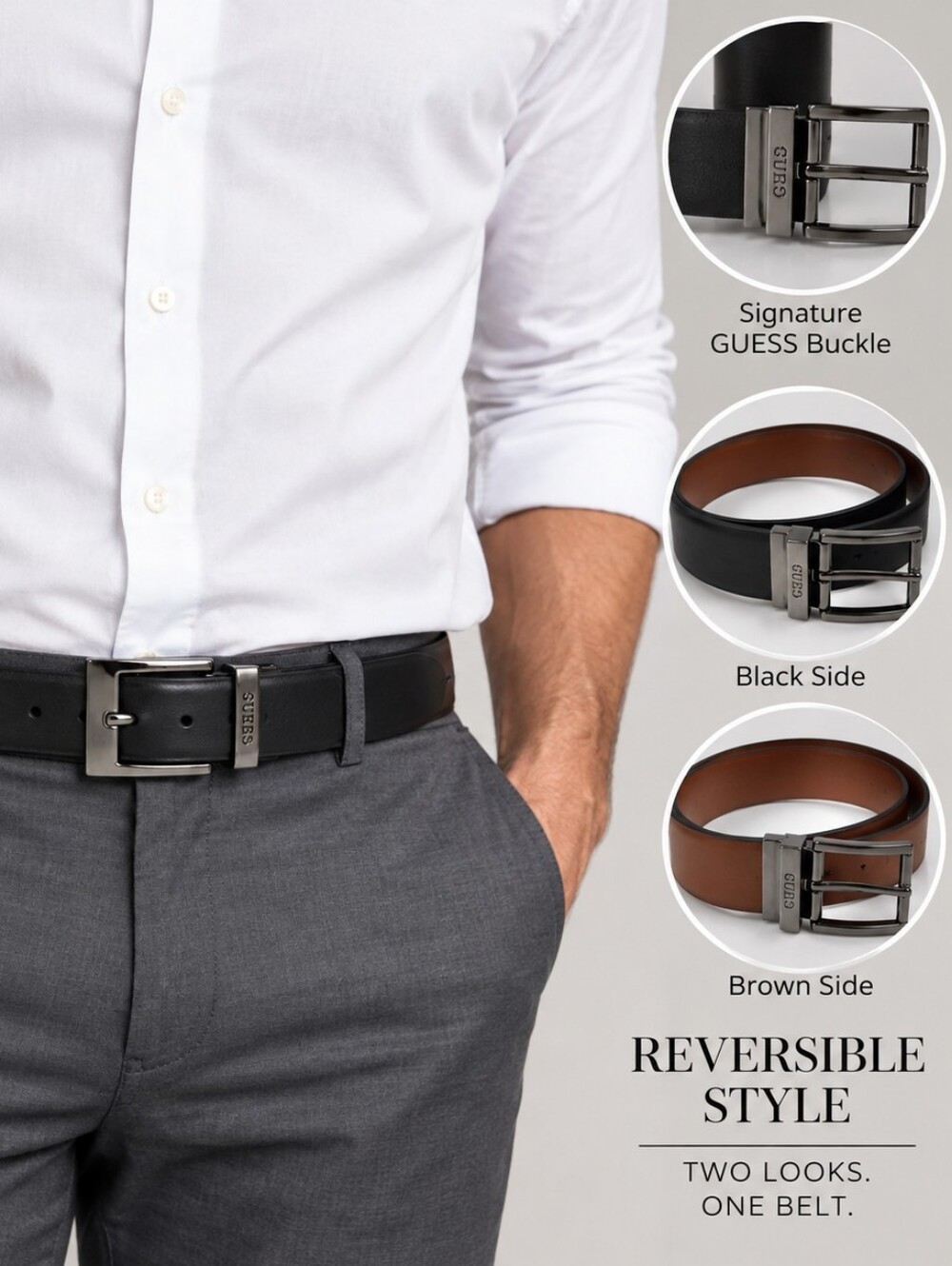 GUESS Mens Reversible Belt XXL 42-44 Black Brown Gunmetal Logo Buckle